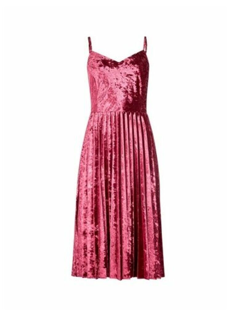 Womens **Luxe Pink Velvet Pleat Camisole Dress - Red, Red