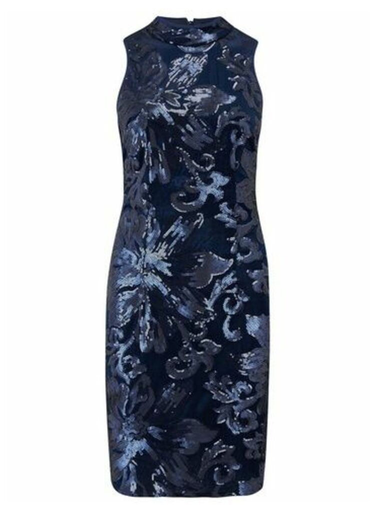 Womens Little Mistress Navy Floral Velvet Dress - Blue, Blue