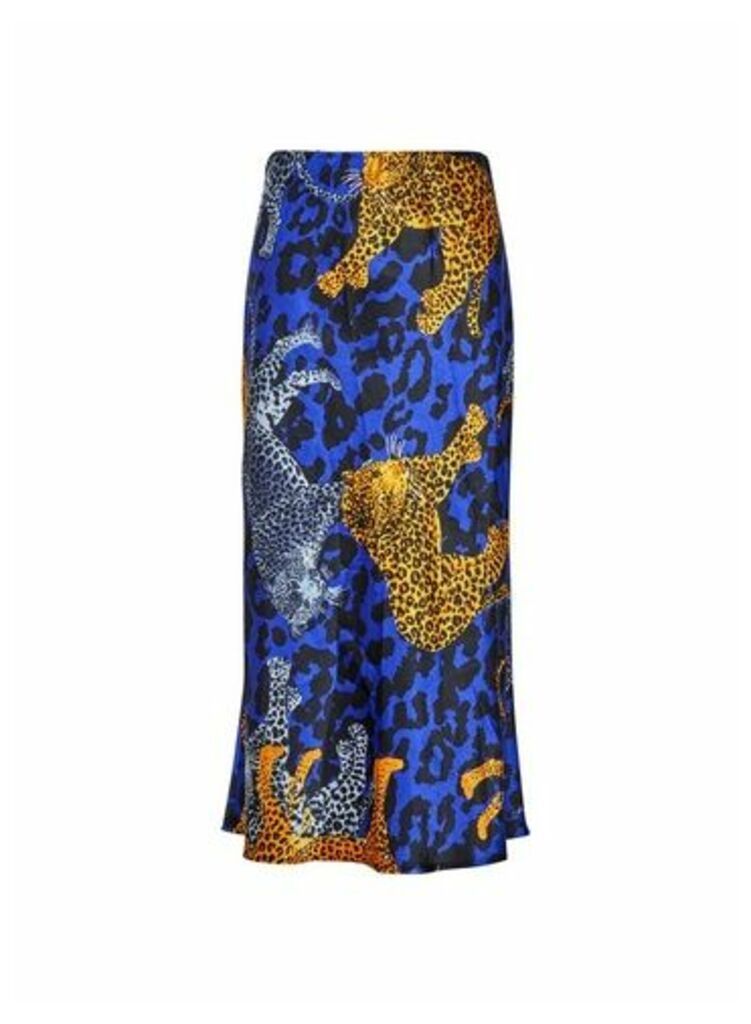Womens Lola Skye Blue Satin Midi Skirt - Animal, Animal