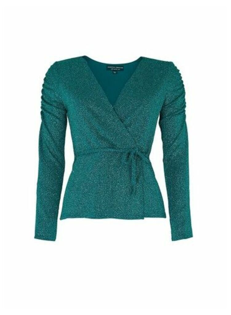 Womens Emerald Green Ruched Sleeve Top, Green