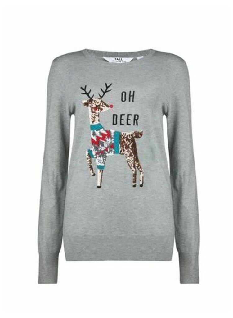Womens **Tall Grey Oh Deer Christmas Jumper, Grey