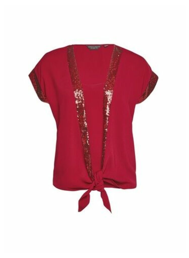 Womens Red Sequin Trim 2 In 1 Top, Red