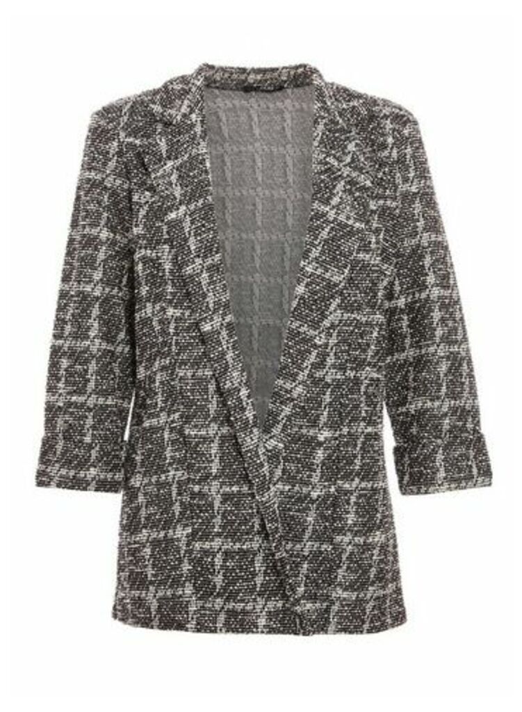 Womens Quiz Black Check Print 3/4 Sleeve Blazer Jacket - Grey, Grey