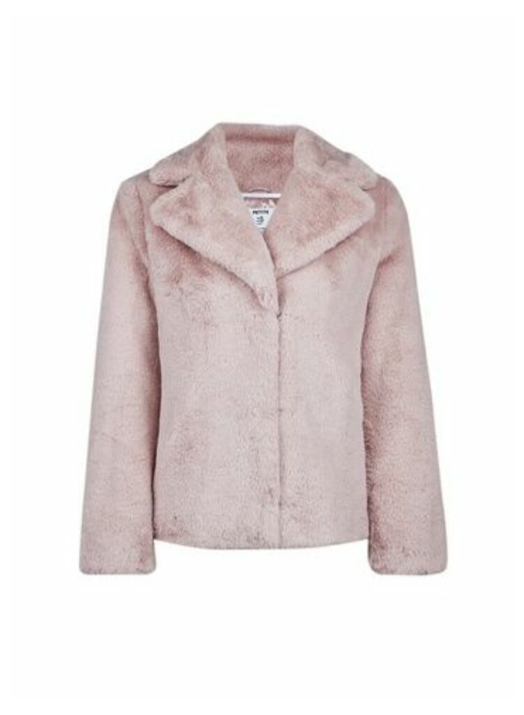 Womens Petite Pink Faux Fur Coat, Pink