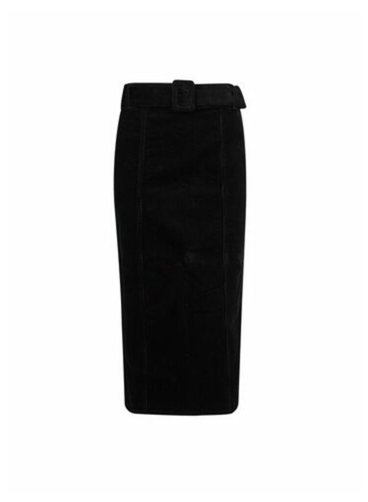 Womens Tall Black Corduroy Belted Midi Skirt, Black