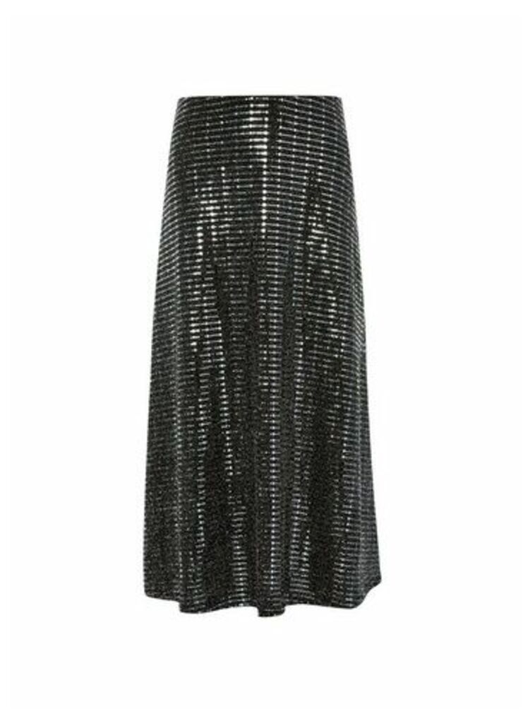 Womens Black Sparkle Midi Skirt, Black
