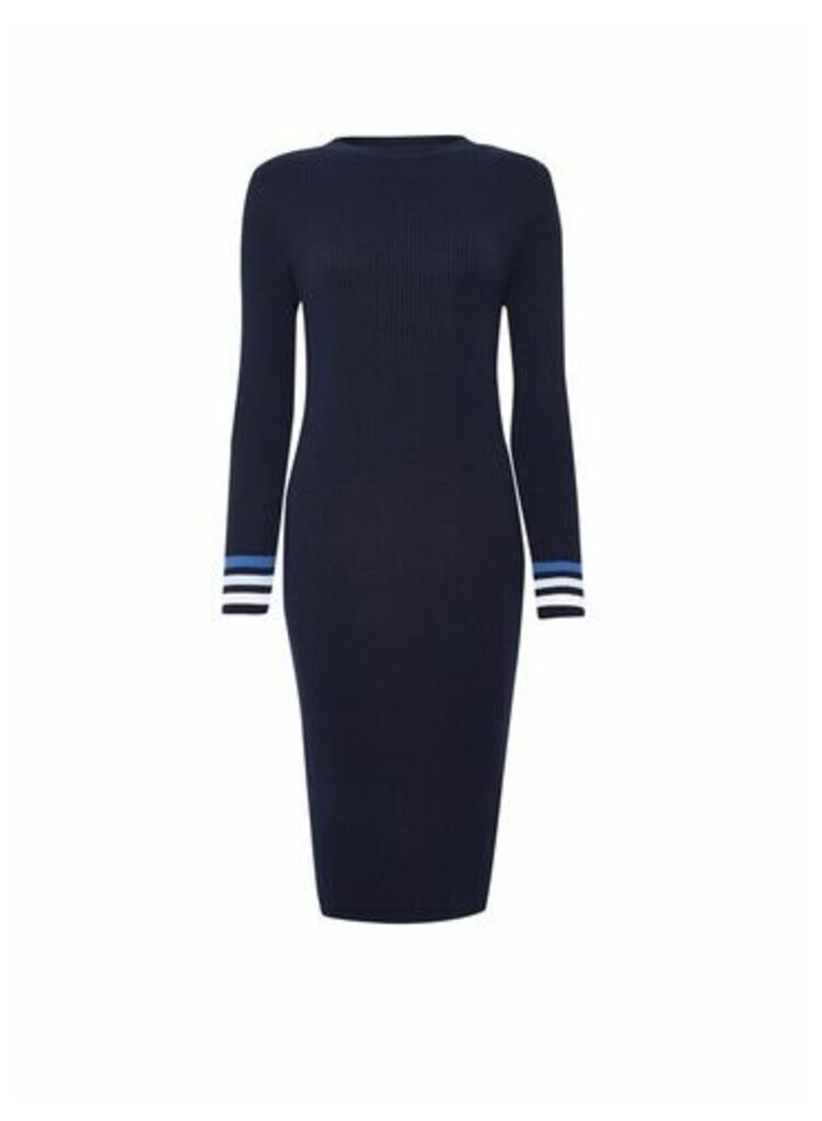 Womens Navy Stripe Cuff Knitted Dress- Blue, Blue