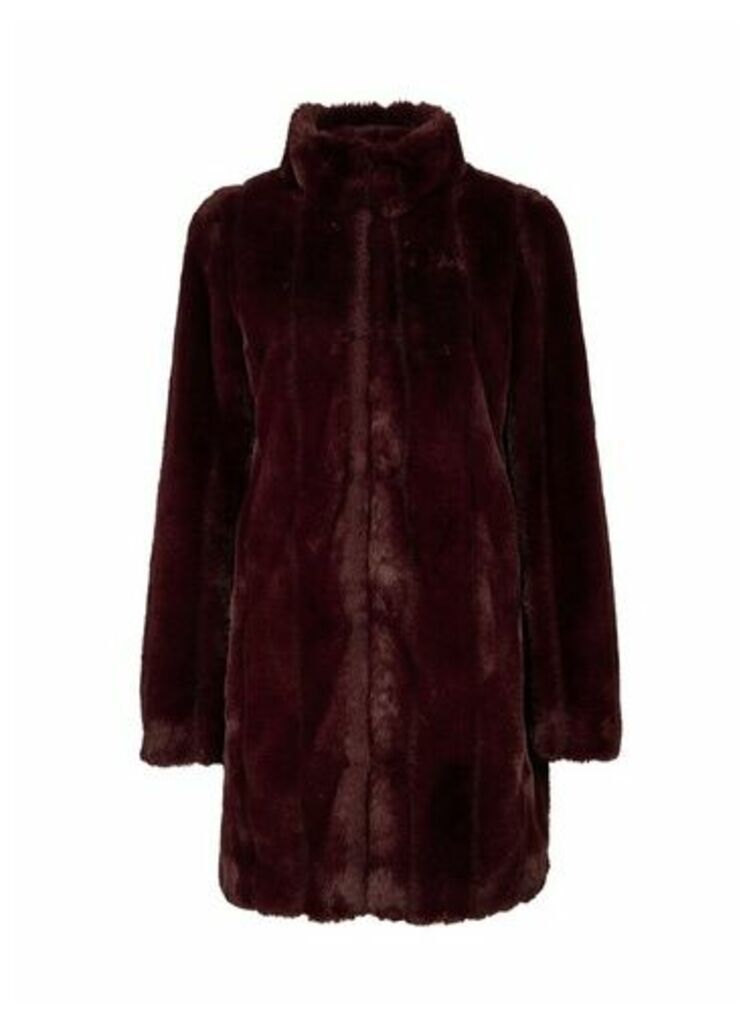 Womens Berry Red Longline Faux Fur Coat, Red