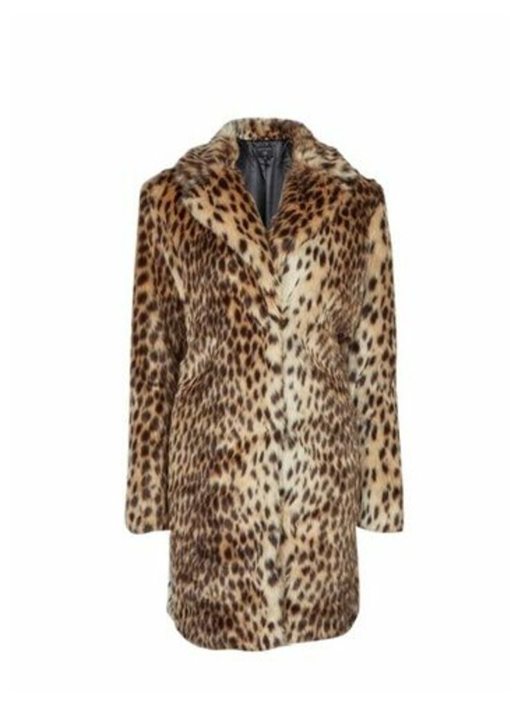 Womens Brown Leopard Print Faux Fur Coat, Brown