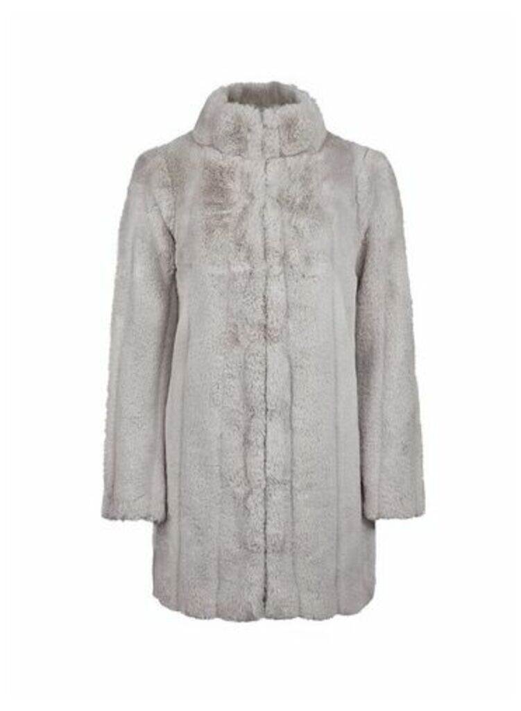 Womens Petite Grey Pelted Faux Fur Coat, Grey