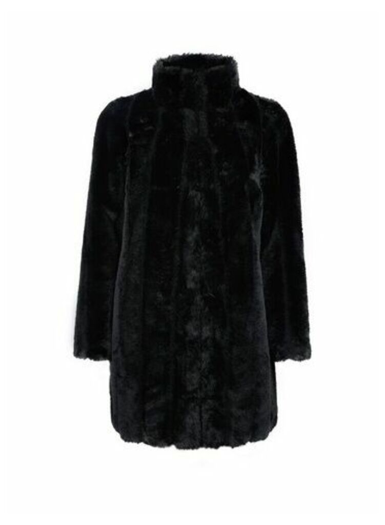 Womens Petite Black Pelted Faux Fur Coat, Black