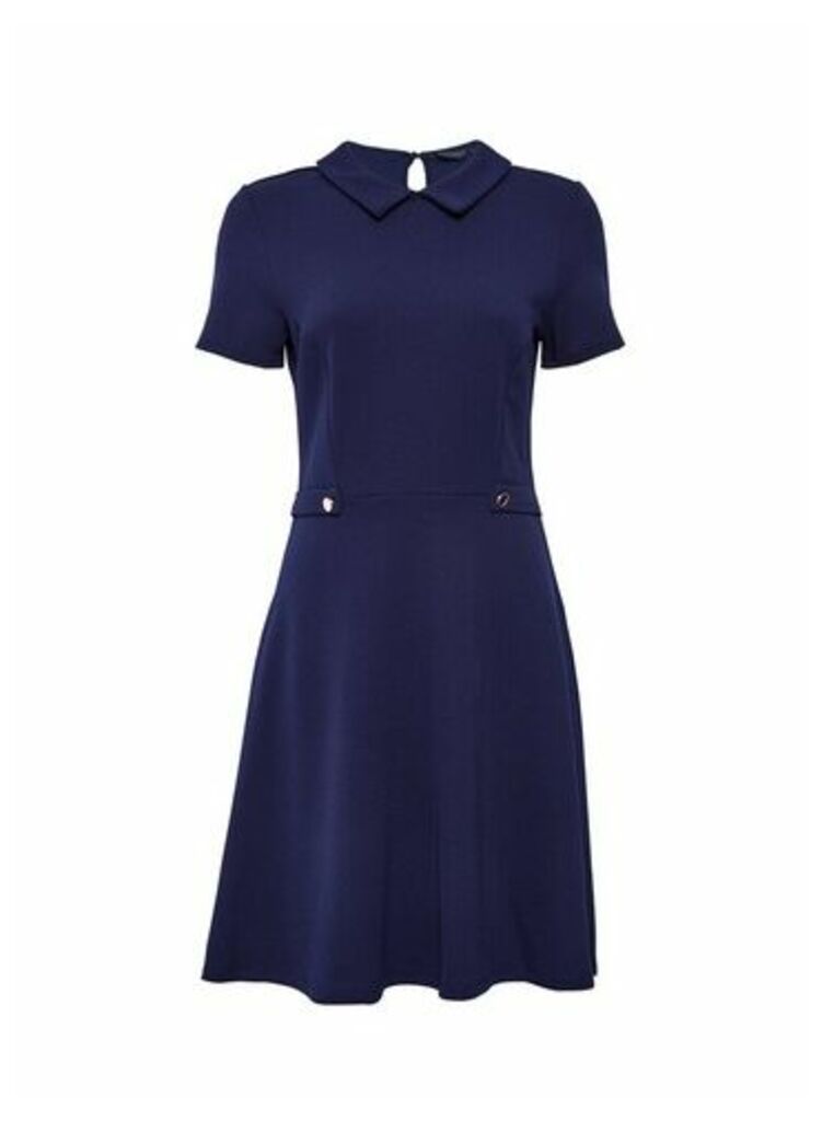 Womens Navy Collared Fit And Flare Dress- Blue, Blue