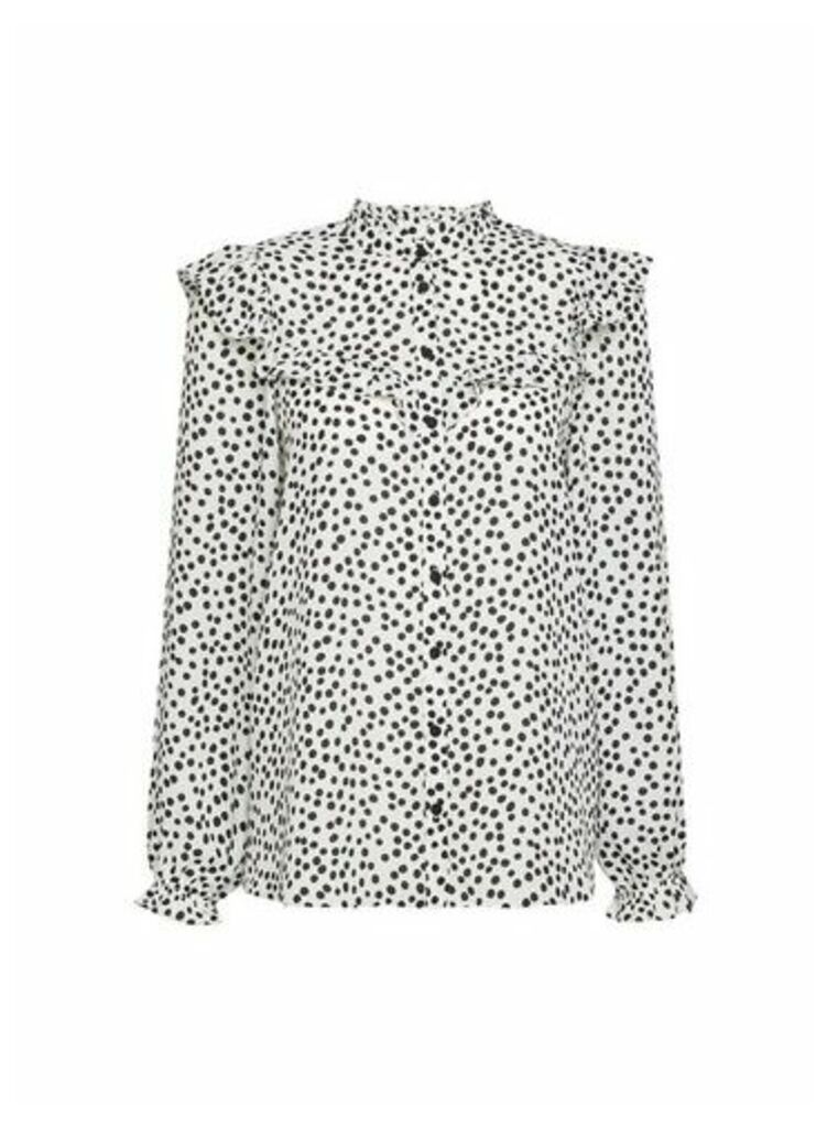 Womens Monochrome Spot Print Frill Collar Shirt - Black, Black