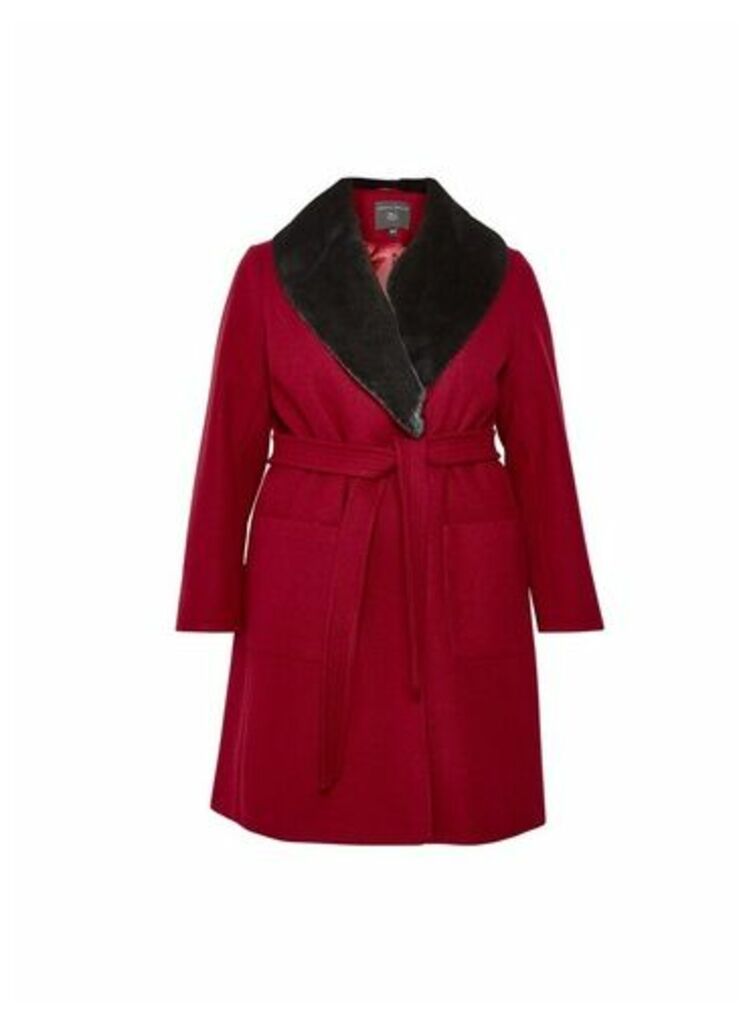 Womens Dp Curve Red Faux Fur Trim Wrap Coat, Red