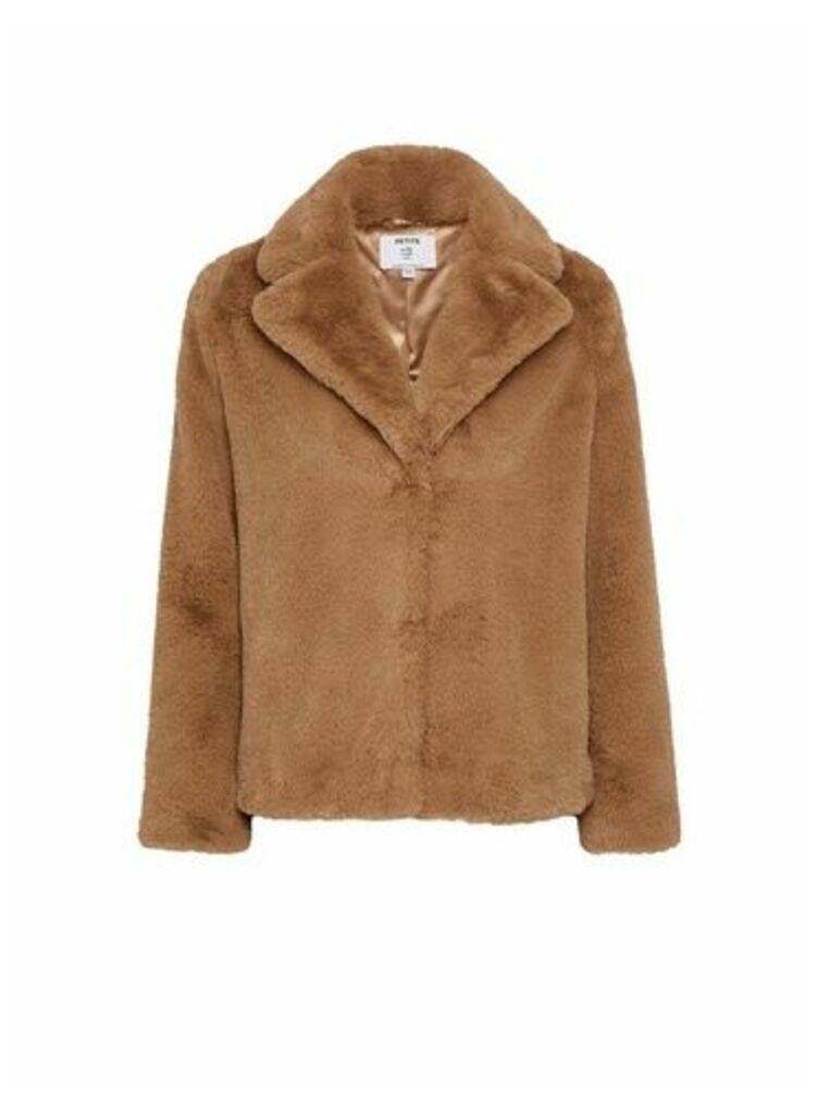 Womens Petite Brown Short Faux Fur Coat, Brown