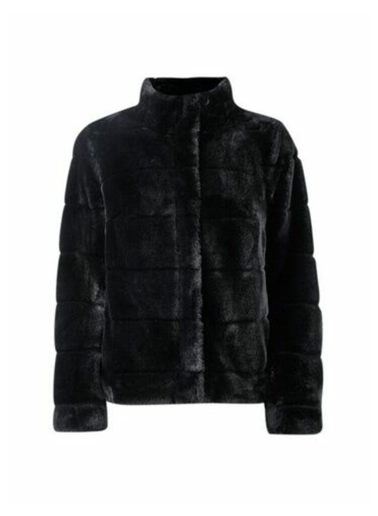 Womens Petite Black Faux Fur Short Coat, Black
