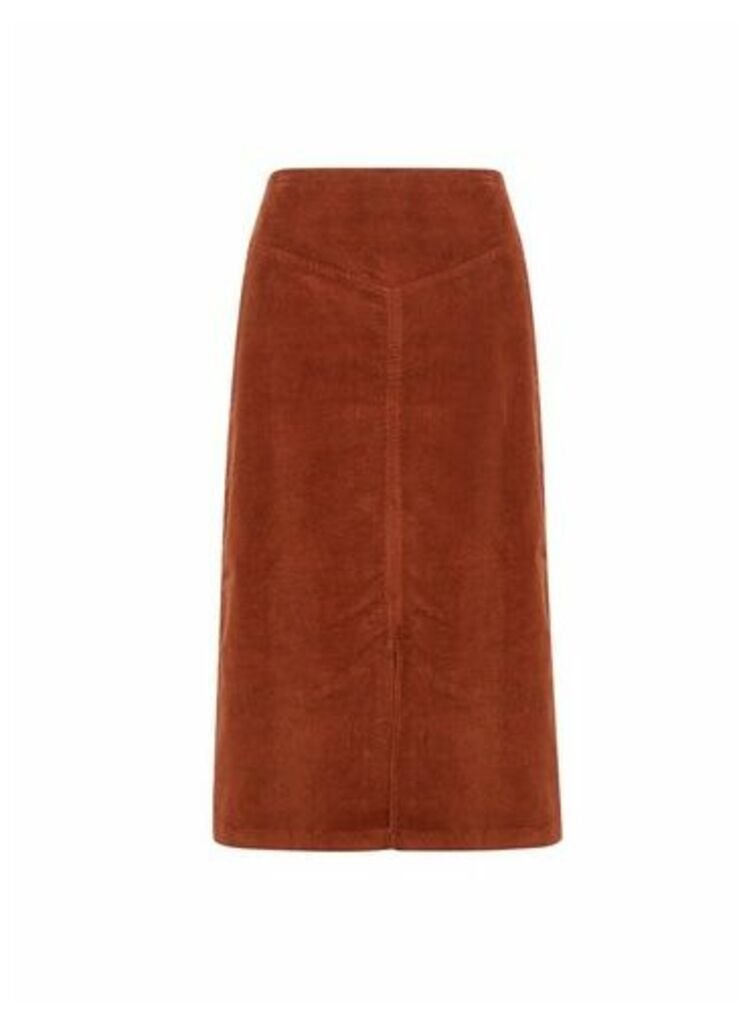 Womens Tan A-Line Cord Midi Skirt- Brown, Brown
