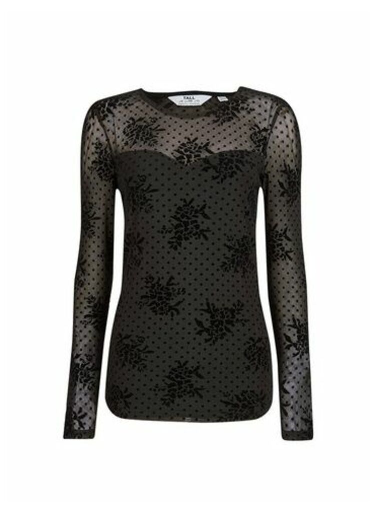 Womens Tall Black Floral And Spot Mesh Top, Black