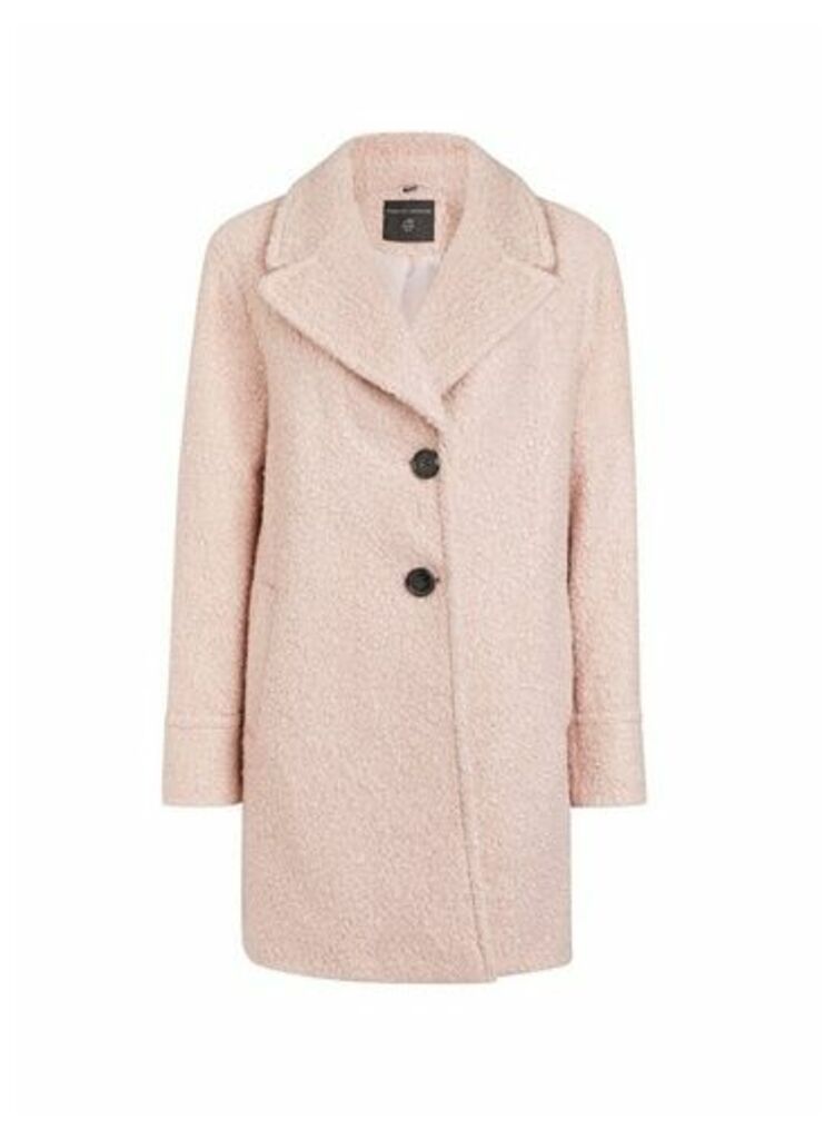 Womens Pink Button Front Boucle Coat, Pink