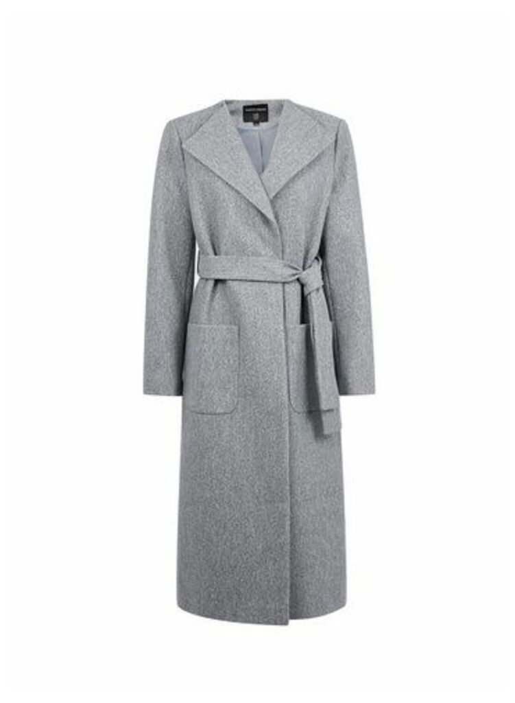 Womens Grey Collarless Wrap Coat, Grey