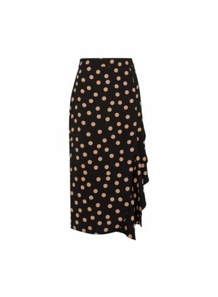 Womens Black Spot Print Frill Pencil Skirt, Black