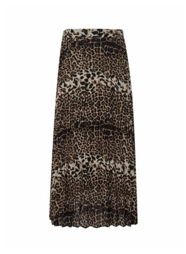 Womens Black Leopard Print Pleat Midi Skirt - Animal, Animal