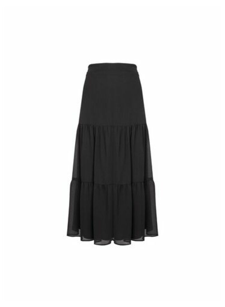 Womens Black Tier Chiffon Midi Skirt, Black