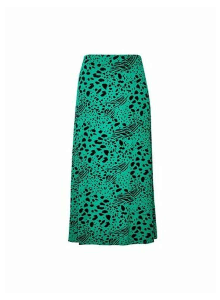 Womens Green Leopard Print Midi Skirt, Green