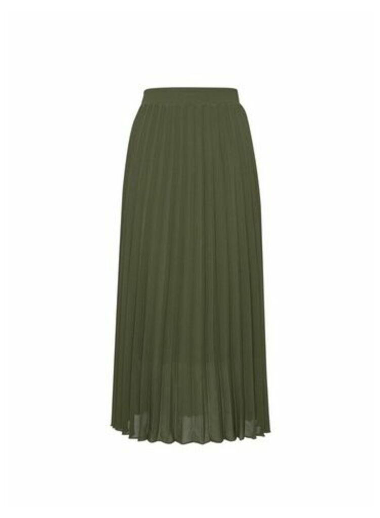 Womens Khaki Pleated Midi Skirt, Khaki