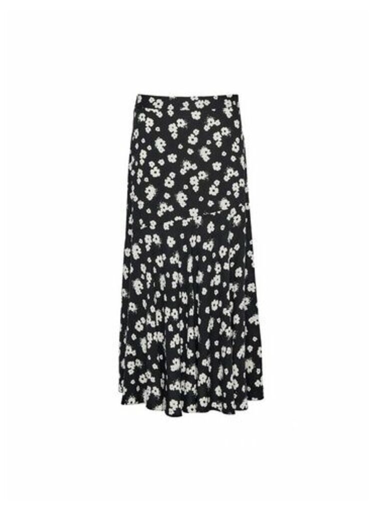 Womens Monochrome Floral Print Midi Skirt - Black, Black