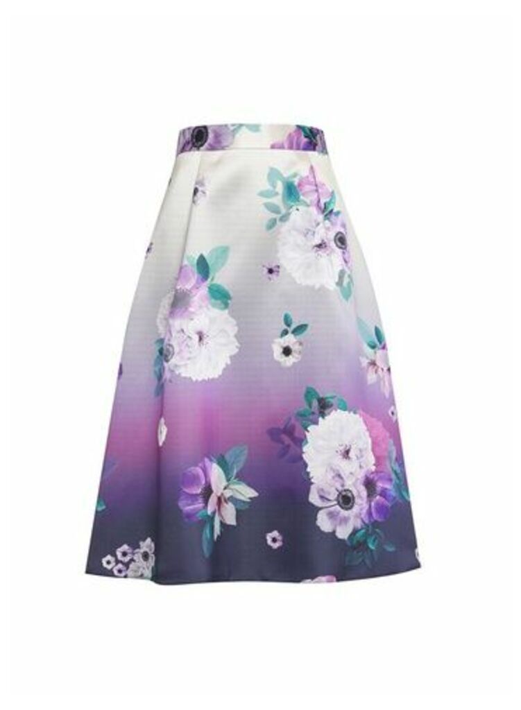 Womens Luxe Ombre Floral Print Midi Skirt - Blue, Purple