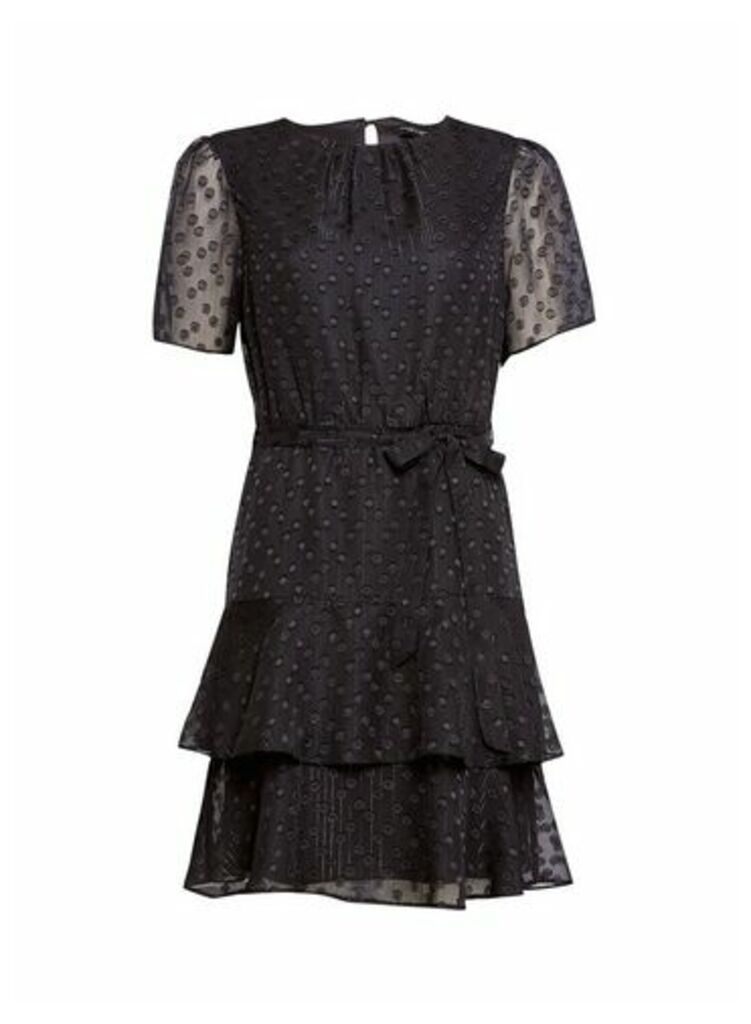 Womens Black Ruffle Fit And Flare Dress, Black