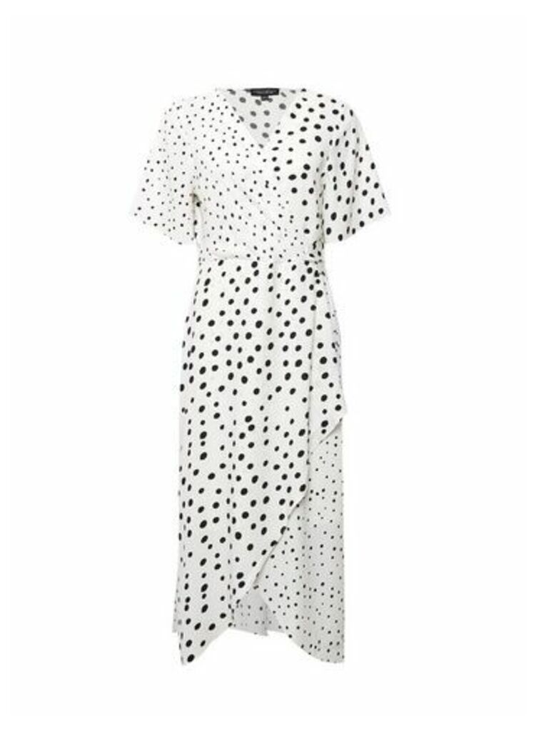 Womens White Mono Spot Print Twist Midi Dress, White