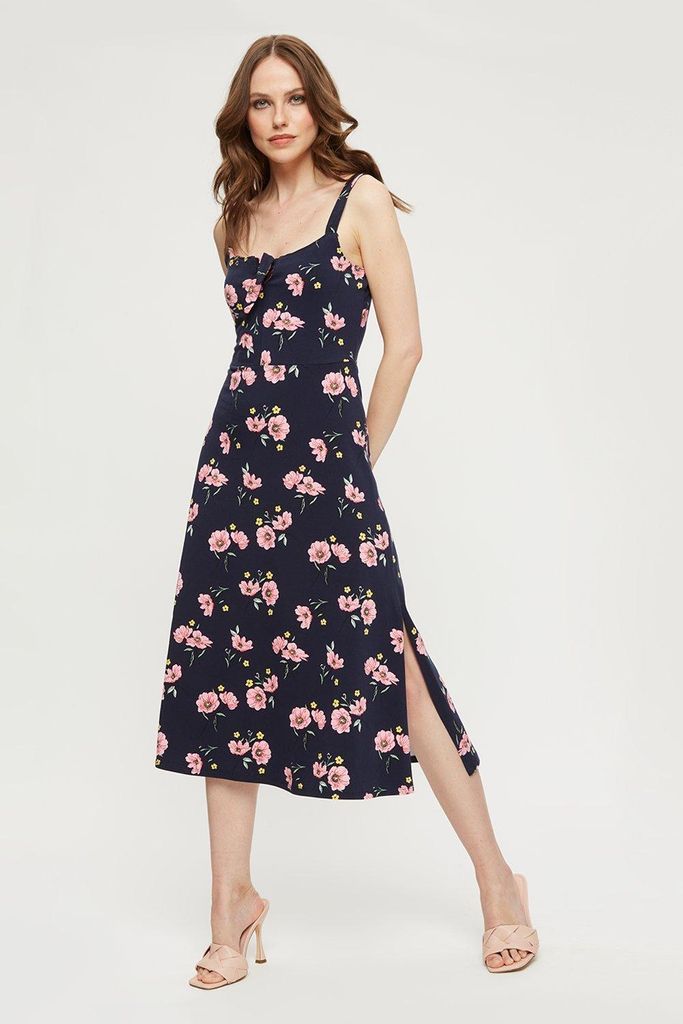 Womens Navy Pink Floral Tie Front Midi Dress
