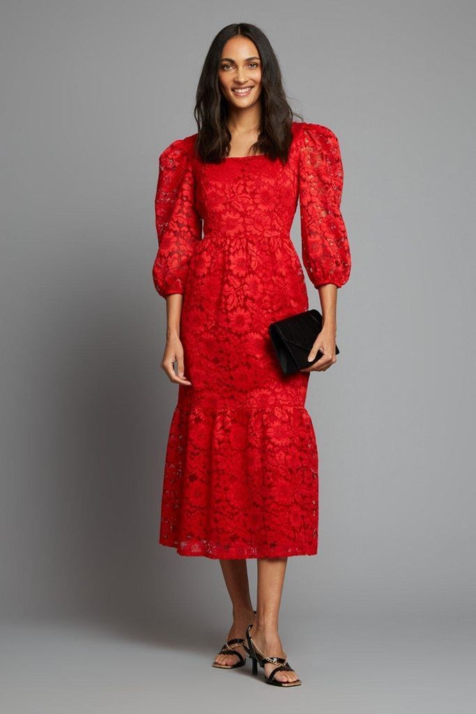 Womens Red Lace Square Neck Midi Dress