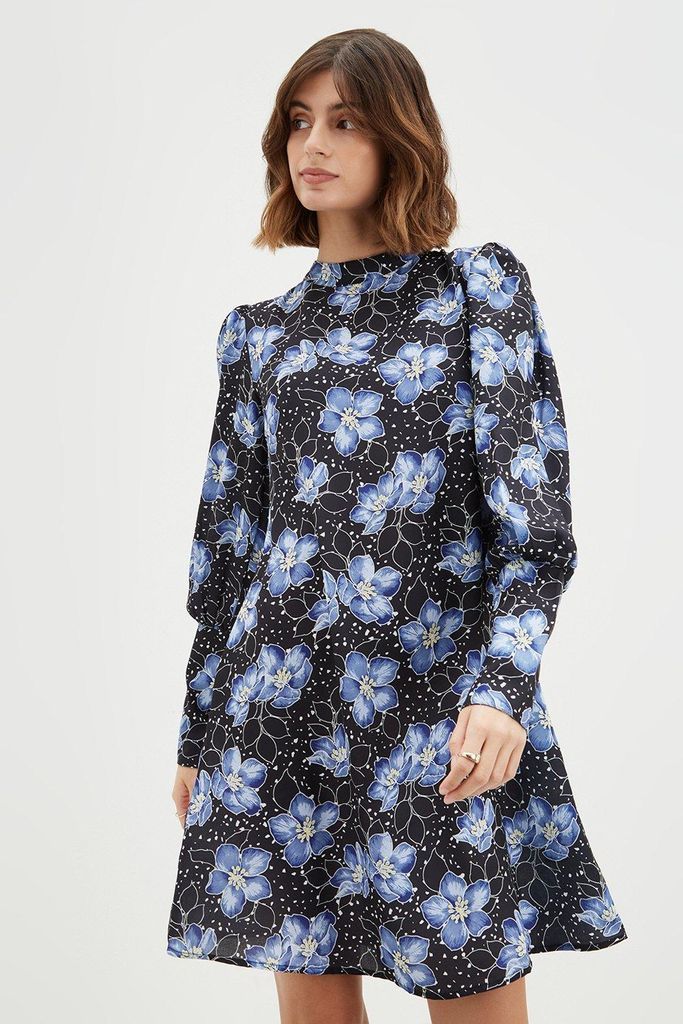 Womens Tall Blue Floral Mutton Sleeve Mini Dress