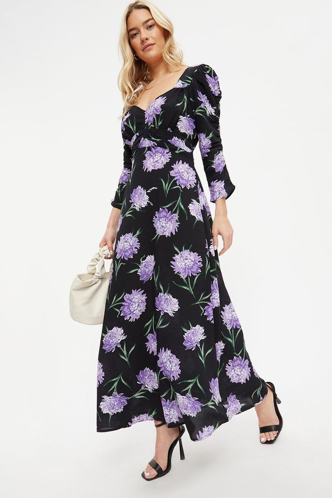 Womens Purple Floral Ruched Sleeve Maxi Dress