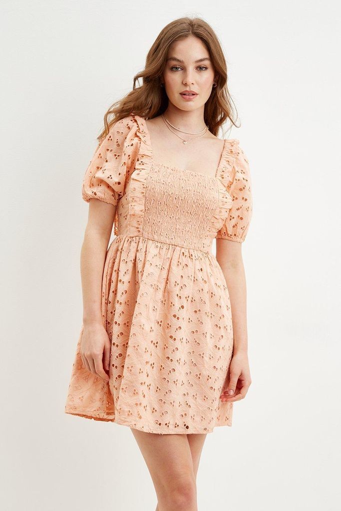 Womens Apricot Broderie Shirred Mini Dress