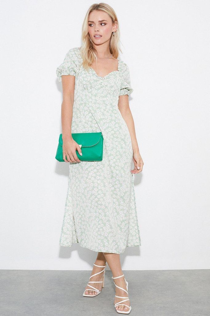 Womens Petite Green Floral Button Down Midi Dress​