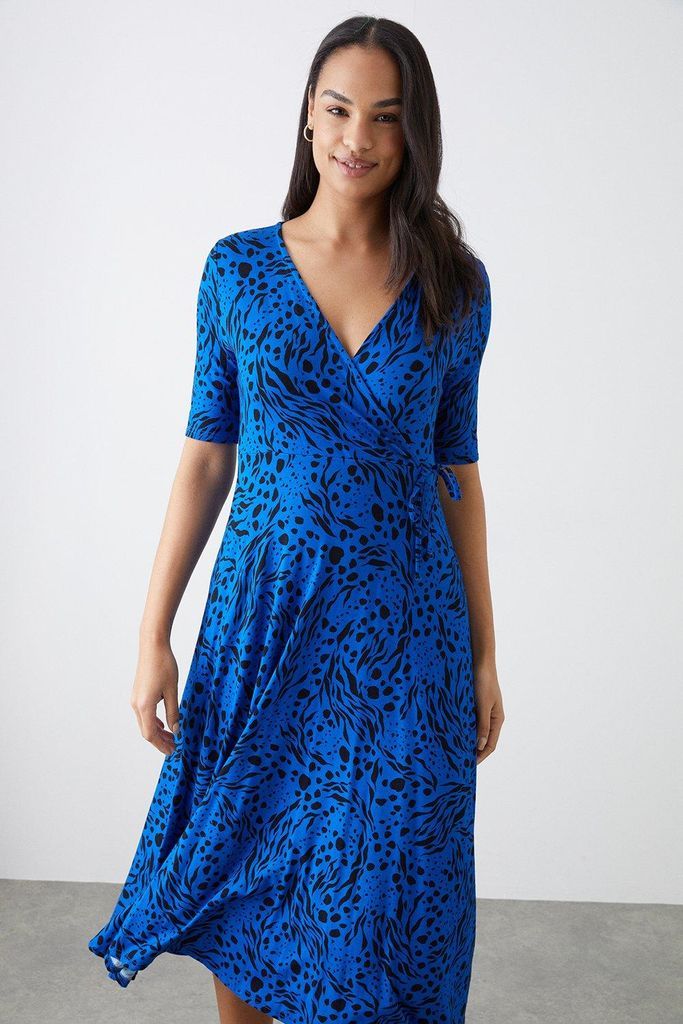 Womens Blue Printed Short Sleeve Wrap Dress