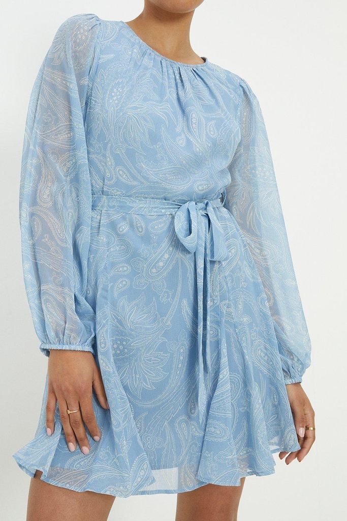 Womens Blue Paisley Chiffon Full Hem Mini Dress
