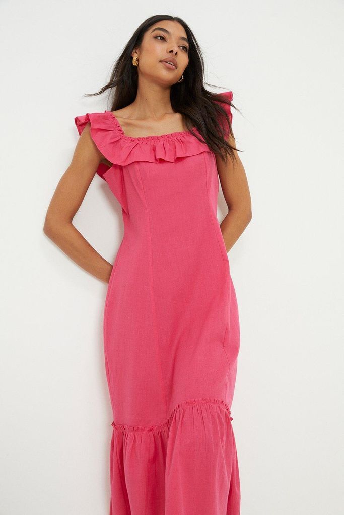 Womens Pink Frill Neck Midi Dress
