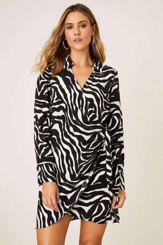 Womens Petite Mono Zebra Print Collar Wrap Mini Dress
