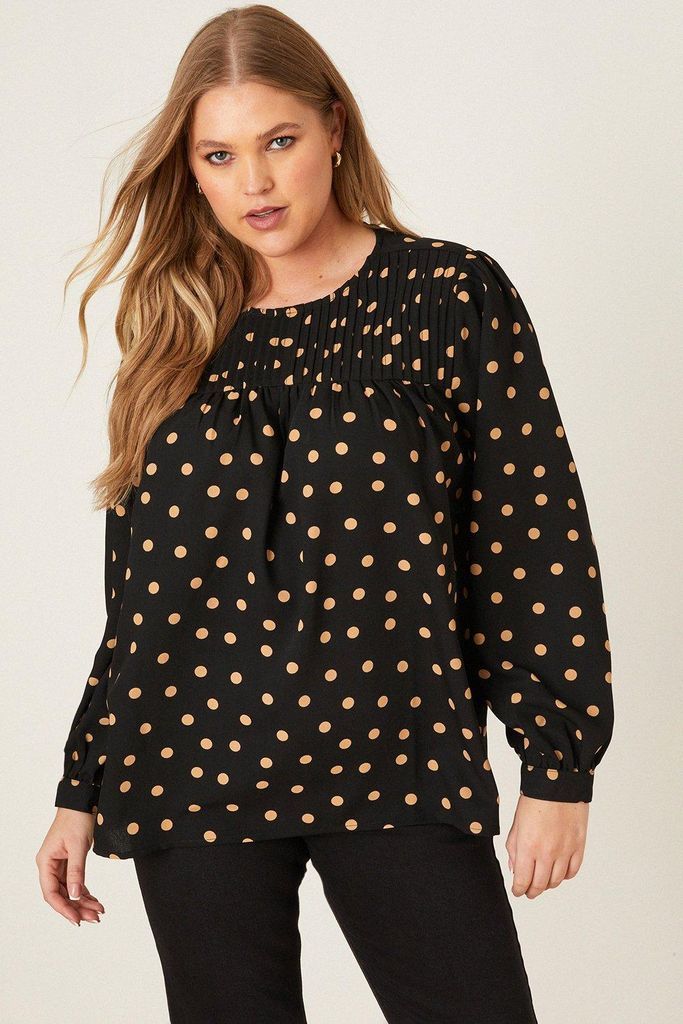 Womens Curve Camel Spot Long Sleeve Blouse