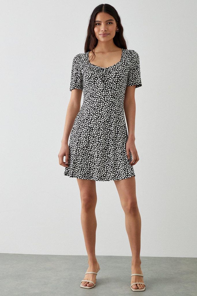 Womens Mono Printed Tie Front Mini Dress