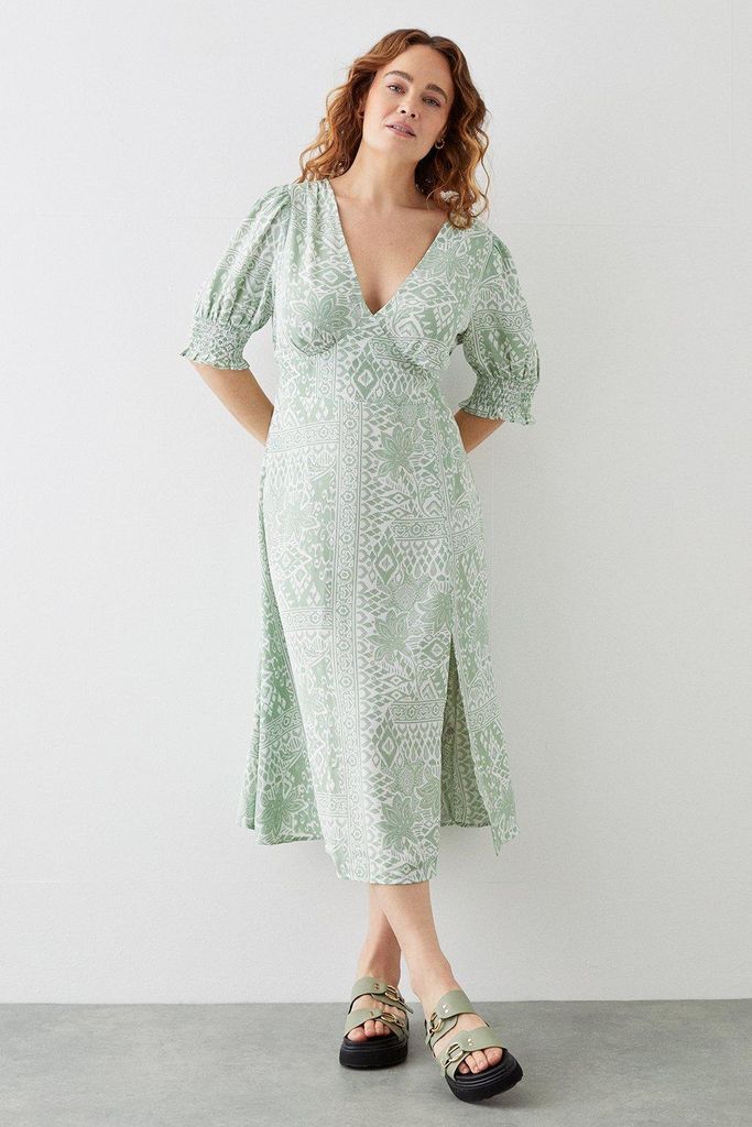 Womens Curve Green Tile Shirred Cuff Midi Dress