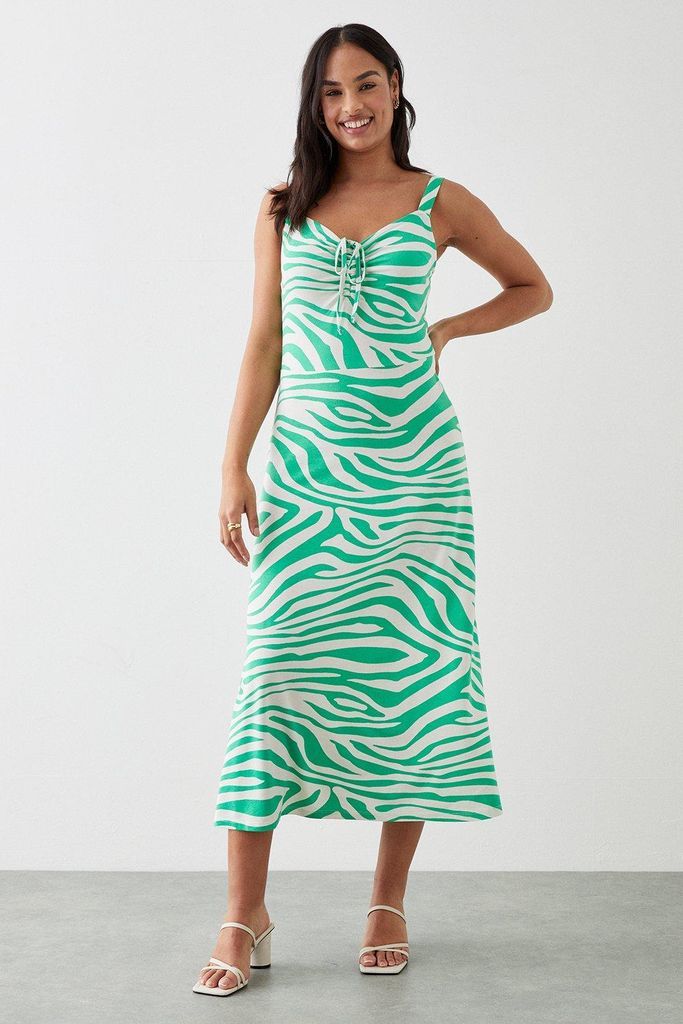 Womens Green Zebra Tie Front Midi Dress