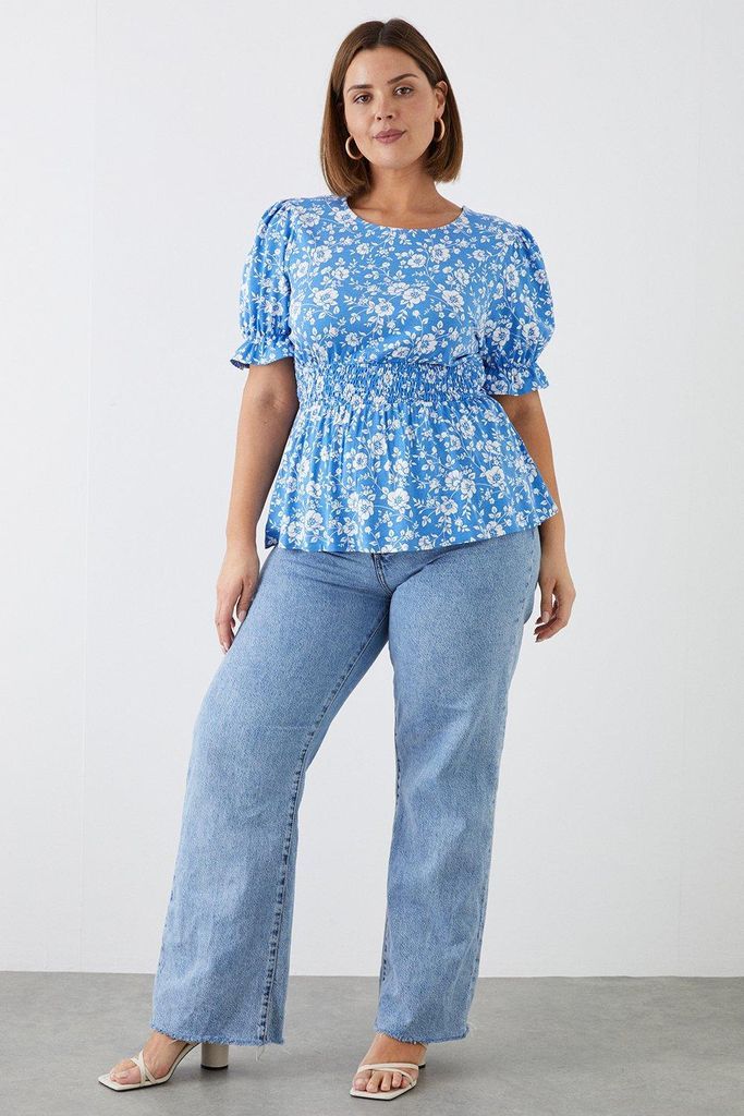 Womens Curve Blue Floral Shirred Waist Puff Sleeve Top