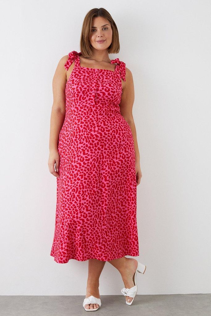 Womens Curve Pink Animal Textured Button Up Strappy Midi Dress