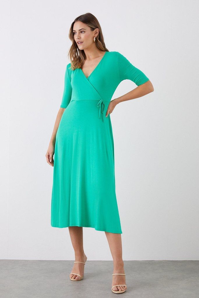 Womens Green Wrap Short Sleeve Midi Dress